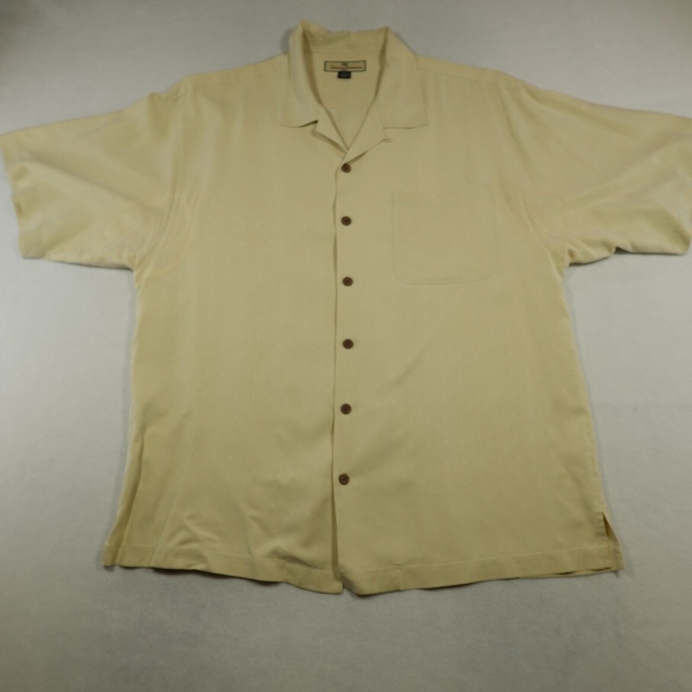 Tommy Bahama Shirt Men XL Beige Silk Button Short Sleeve Beachy Casual Pit Stain